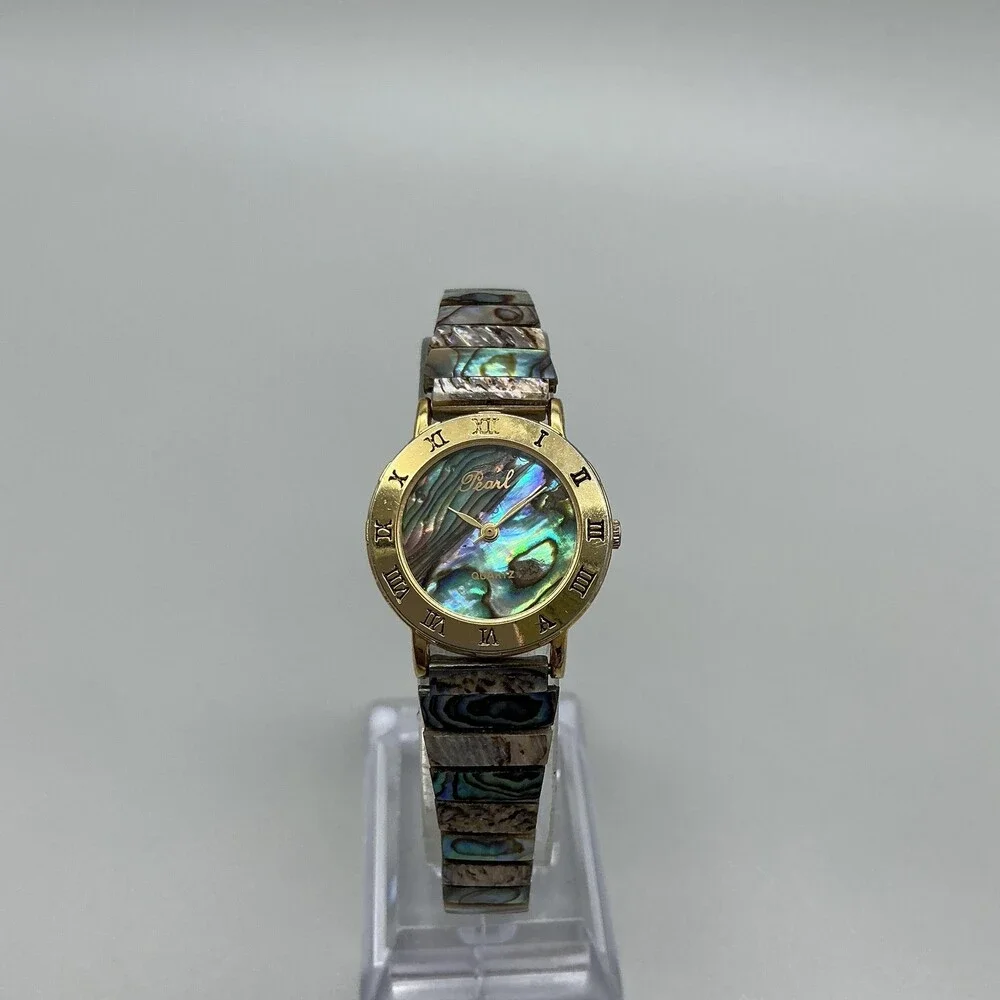 Vintage Pearl Womens Watch 24mm Abalone Dial Gold Tone Stretch Band New Battery